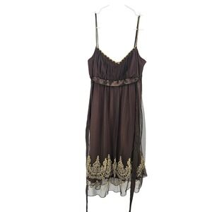 Vintage Teeze Me Dress Brown Gold Y2k Mesh Embroidered Sleeveless Mini Size M